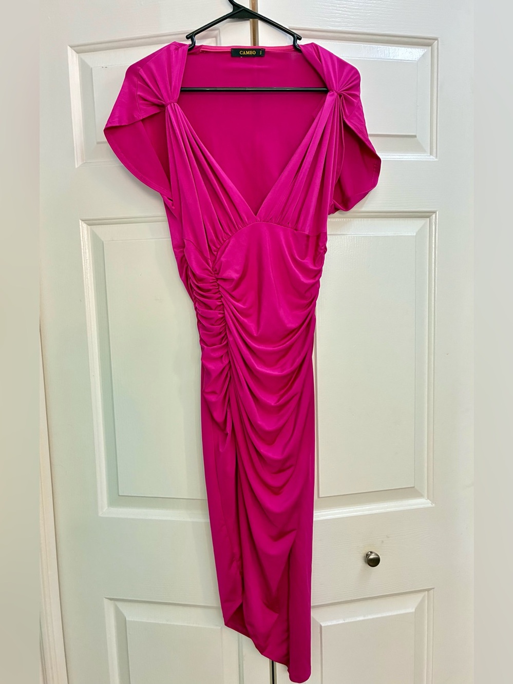 cameo Hot Pink Ruched V-Neck Midi Dress